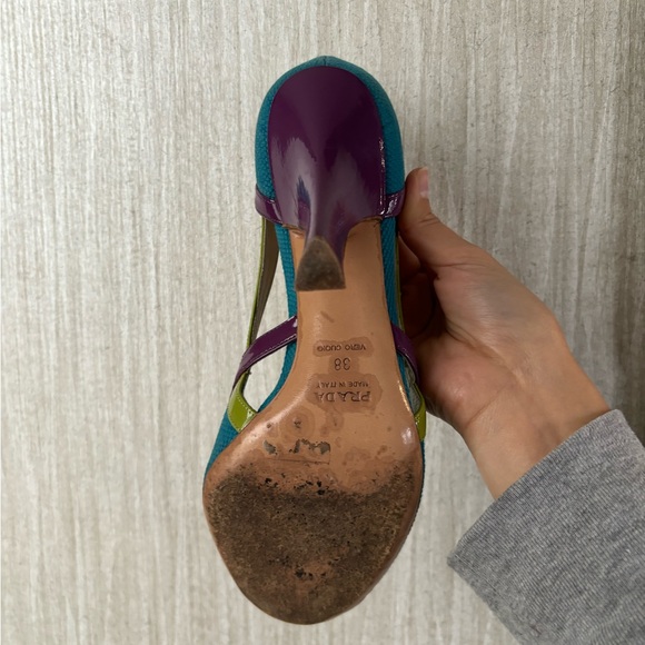 Prada Women's Teal and Purple Canvas Color Block Heels. 
Women’s size 7.5 - Picture 6 of 11